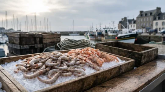 Étal de crevettes fraîches sur glace pilée dans une criée du port de Brest, lumière naturelle du matin