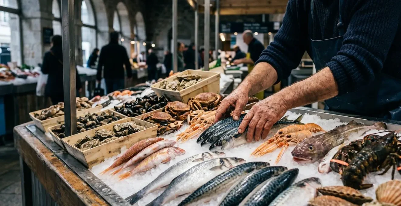 Étal de poissonnier à Brest présentant des produits de la mer frais sur un lit de glace pilée, dans une lumière naturelle du matin
