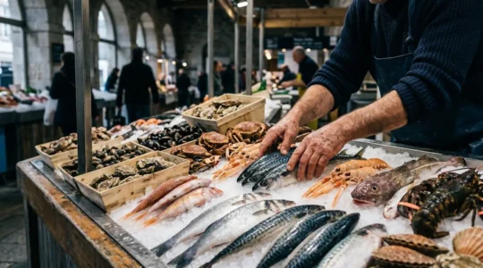 Étal de poissonnier à Brest présentant des produits de la mer frais sur un lit de glace pilée, dans une lumière naturelle du matin