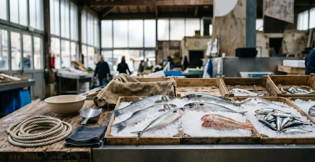 Étal de poissonnerie bretonne présentant des produits de la mer ultra-frais sur un lit de glace pilée