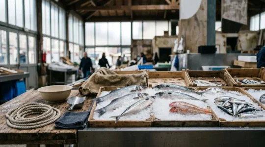 Étal de poissonnerie bretonne présentant des produits de la mer ultra-frais sur un lit de glace pilée