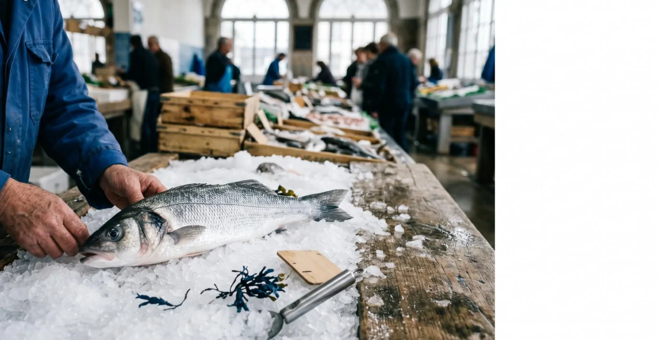 Étiquette de traçabilité sur poisson frais sauvage de Bretagne avec zone de pêche FAO visible