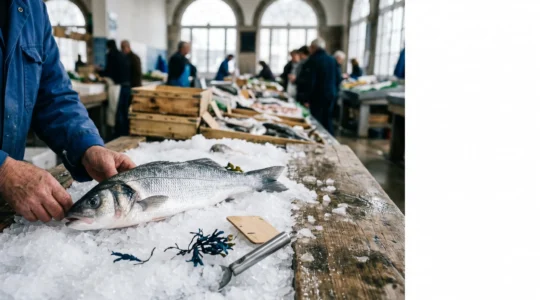 Étiquette de traçabilité sur poisson frais sauvage de Bretagne avec zone de pêche FAO visible