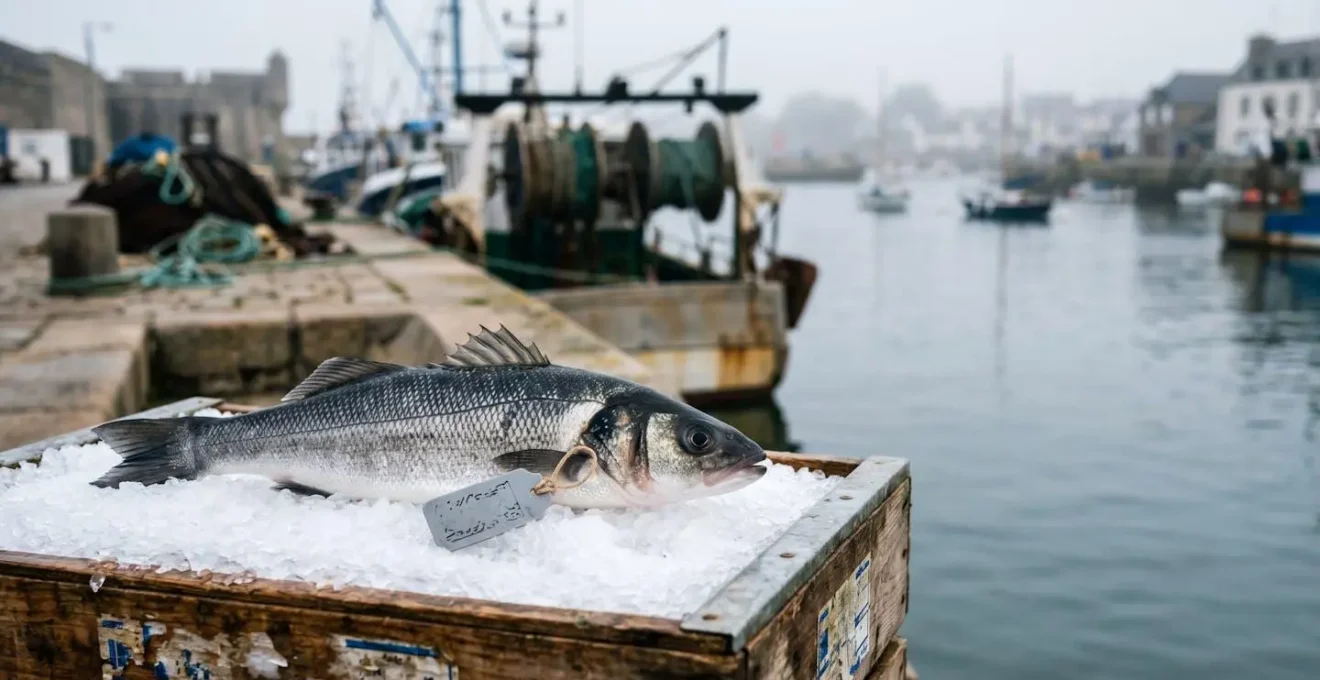 Poisson entier posé sur un étal de marée avec une étiquette de traçabilité vierge attachée à l'ouïe, dans une ambiance portuaire bretonne