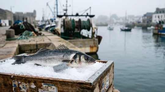 Poisson entier posé sur un étal de marée avec une étiquette de traçabilité vierge attachée à l'ouïe, dans une ambiance portuaire bretonne