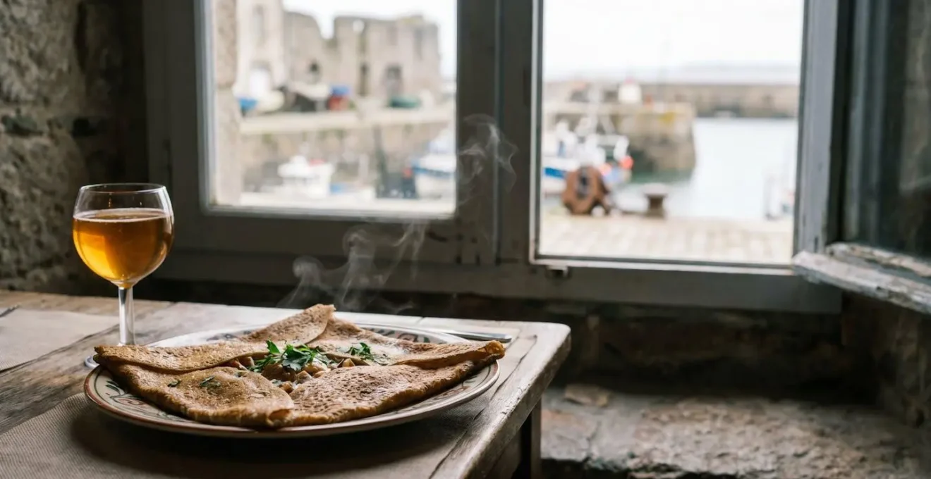 Galette de sarrasin dressée sur une table en bois avec vue suggérée sur le port de Brest