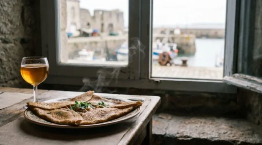 Galette de sarrasin dressée sur une table en bois avec vue suggérée sur le port de Brest