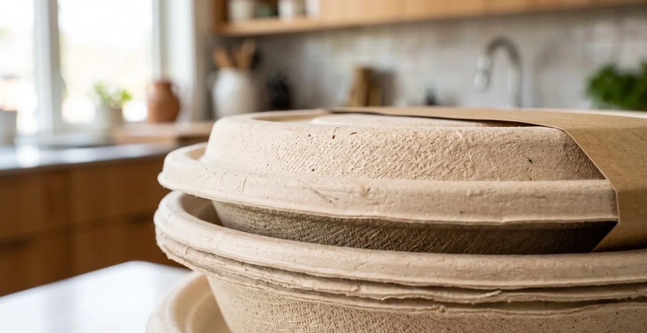 Gros plan sur des contenants alimentaires écologiques empilés montrant la texture naturelle de la canne à sucre bagasse et du papier kraft