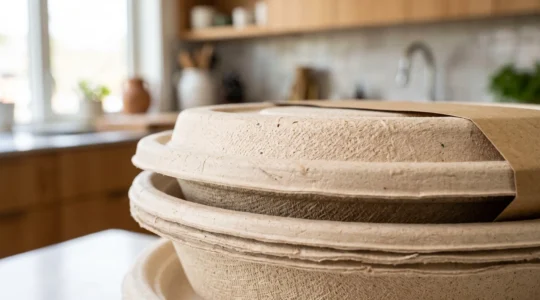 Gros plan sur des contenants alimentaires écologiques empilés montrant la texture naturelle de la canne à sucre bagasse et du papier kraft