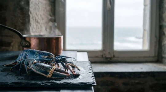 Homard bleu breton vivant pose sur une table en ardoise avant une cuisson maitrisee dans une cuisine bretonne