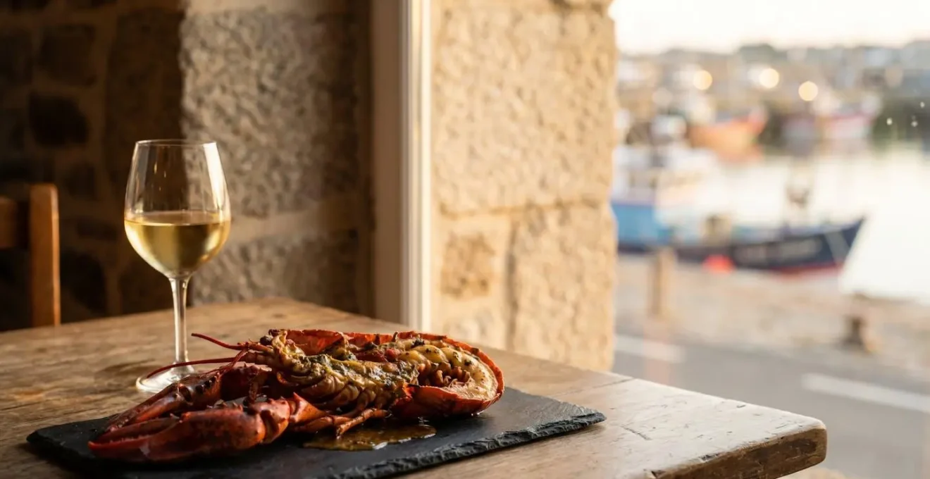 Homard grillé au beurre noisette servi avec un verre de vin blanc de Sancerre face à la rade de Brest