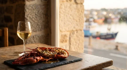 Homard grillé au beurre noisette servi avec un verre de vin blanc de Sancerre face à la rade de Brest