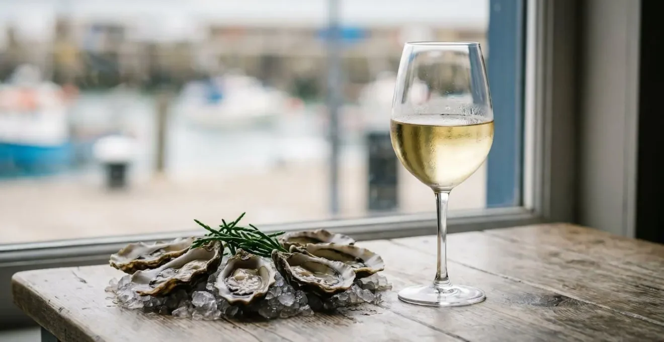 Verre de vin blanc de Muscadet posé près d'un plateau d'huîtres fraîches sur glace, dans une ambiance côtière bretonne