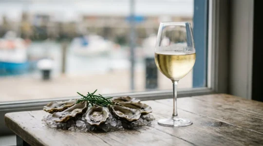 Verre de vin blanc de Muscadet posé près d'un plateau d'huîtres fraîches sur glace, dans une ambiance côtière bretonne