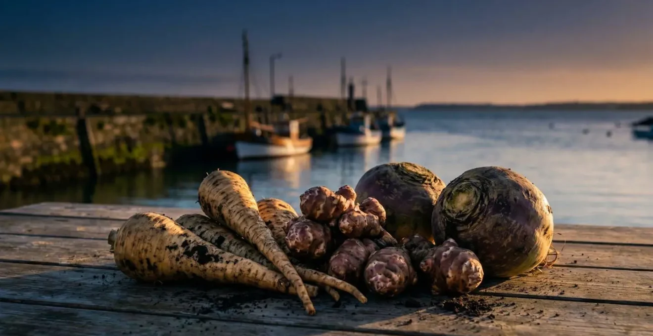 Panais, topinambour et rutabaga fraîchement récoltés disposés sur une table en bois près du port de Brest