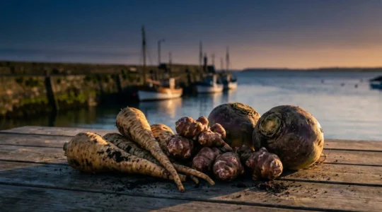 Panais, topinambour et rutabaga fraîchement récoltés disposés sur une table en bois près du port de Brest