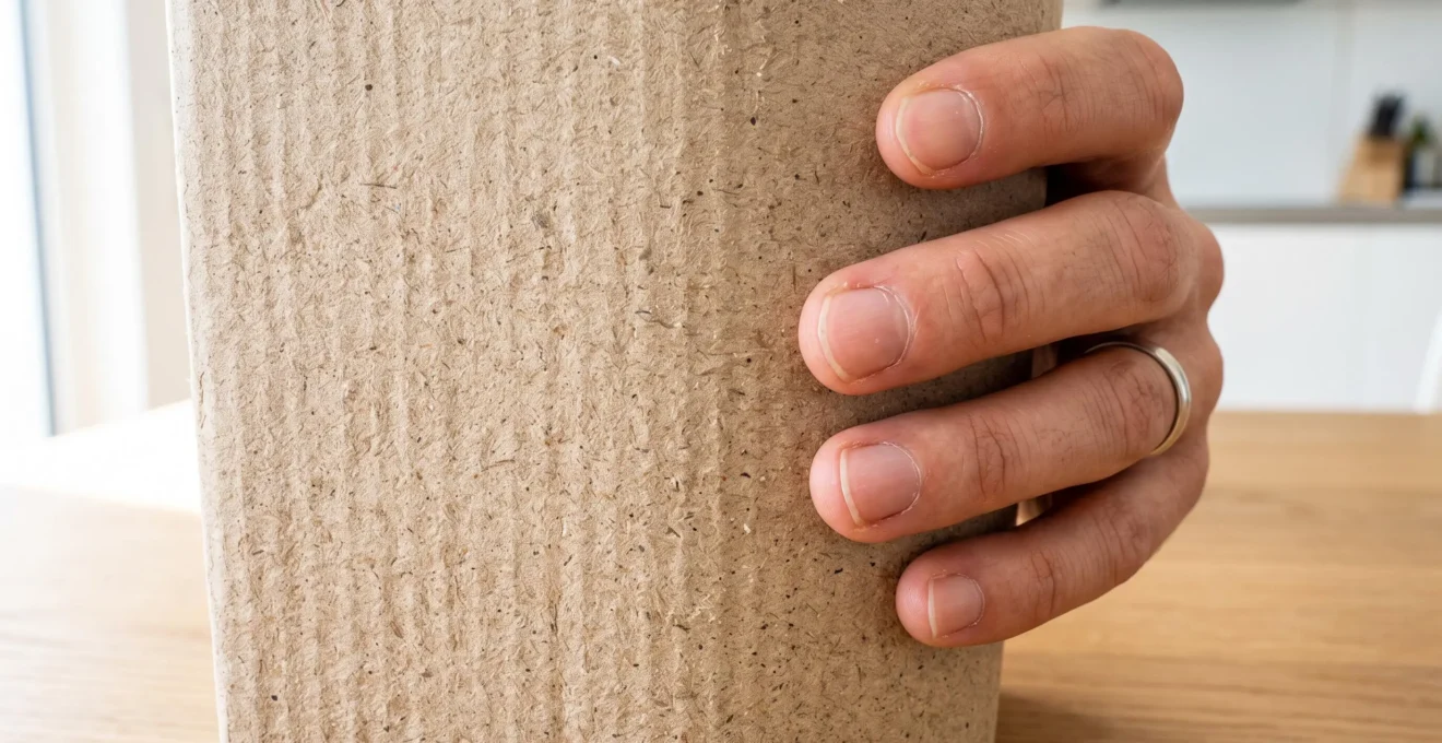 Gros plan sur la texture d'un contenant en carton recyclé montrant le grain et les fibres du matériau, main tenant le contenant floutée en arrière-plan