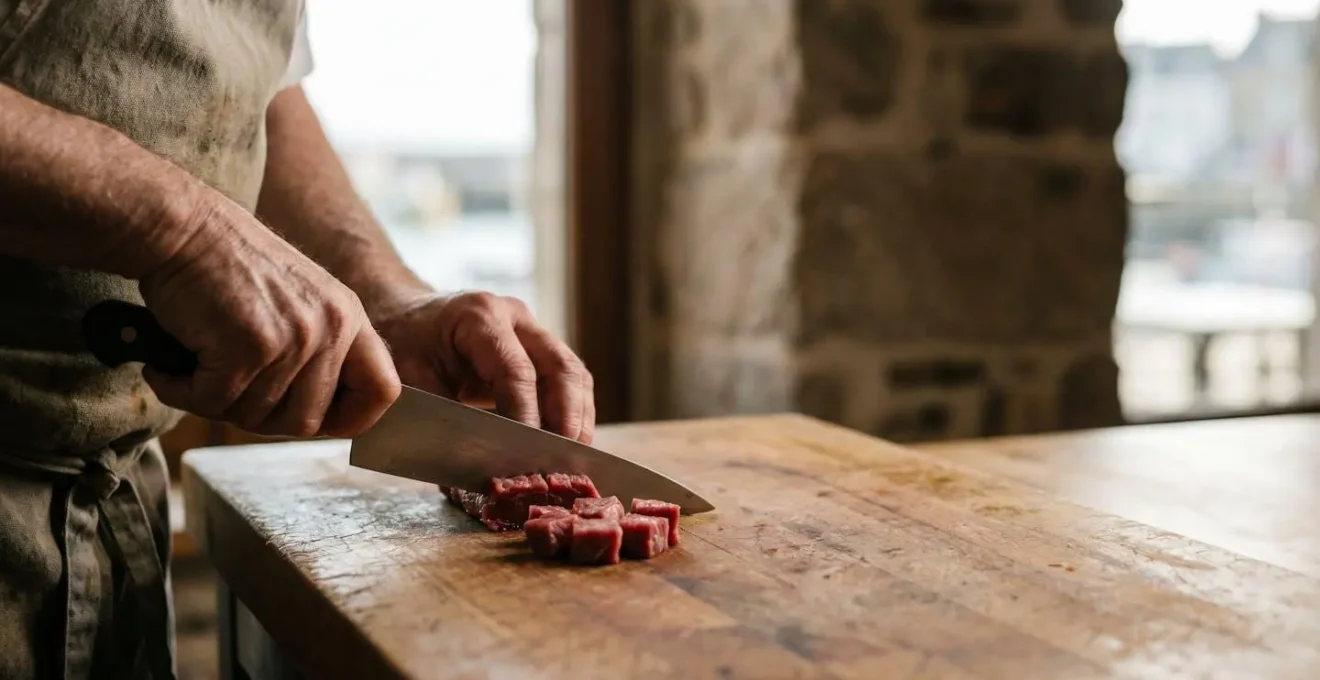 Mains expertes d'un chef découpant un tartare de bœuf au couteau sur une planche, dans une ambiance de bistrot portuaire breton