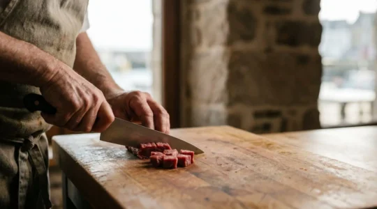 Mains expertes d'un chef découpant un tartare de bœuf au couteau sur une planche, dans une ambiance de bistrot portuaire breton