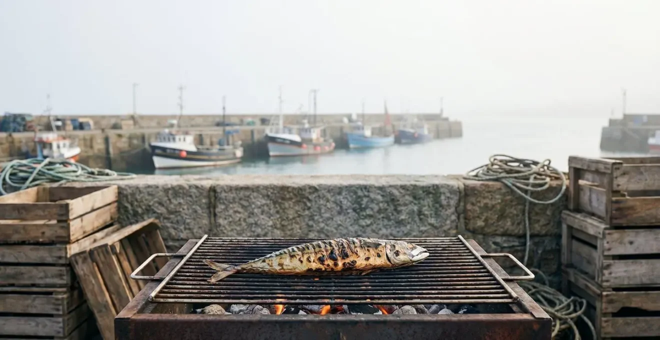 Maquereau entier grillé sur un barbecue en bois, ambiance portuaire bretonne au coucher du soleil