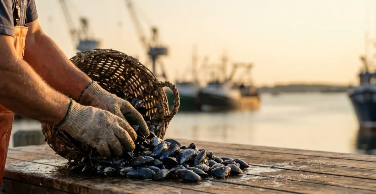 Bourriche de moules fraîches sur un plan de travail en bois avec le port de Brest flou en arrière-plan