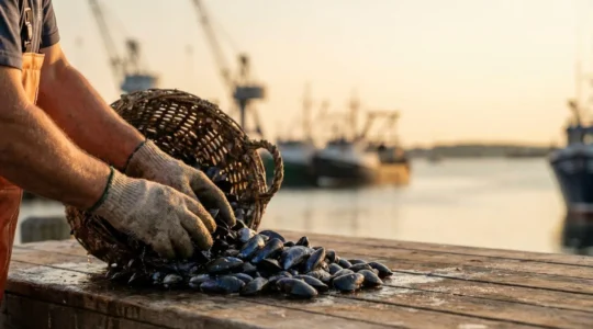 Bourriche de moules fraîches sur un plan de travail en bois avec le port de Brest flou en arrière-plan