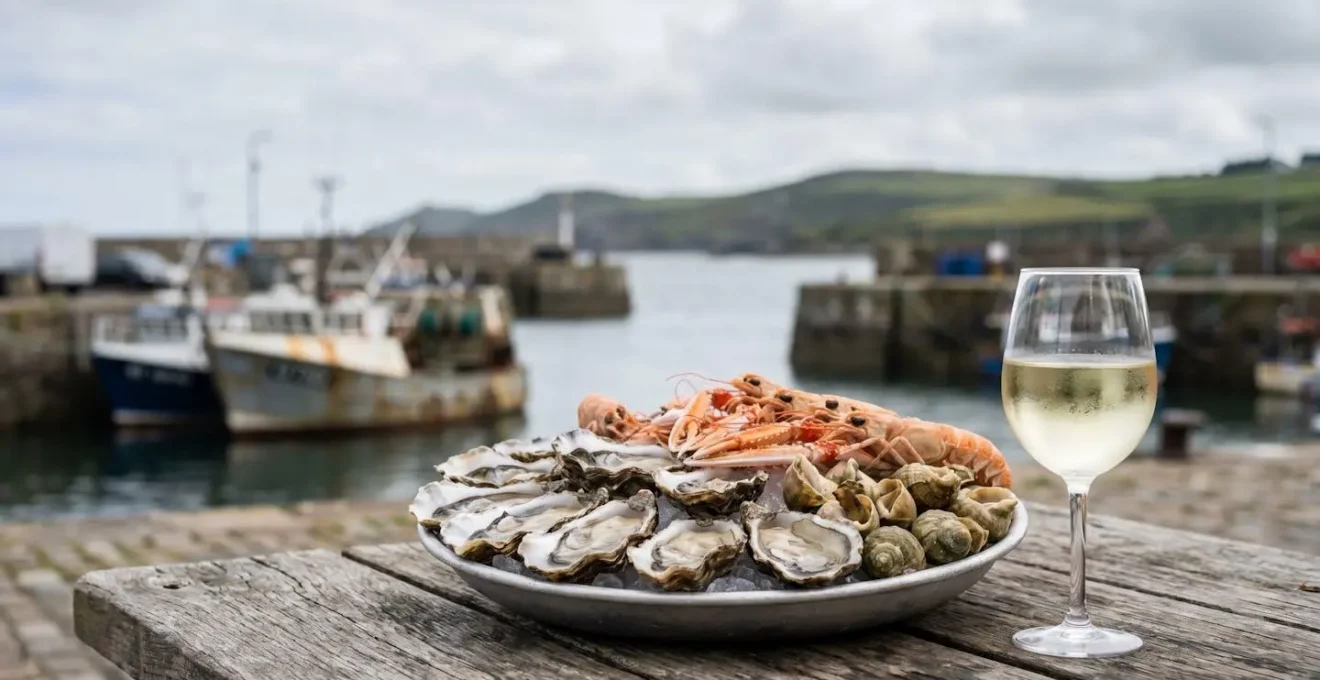 Plateau de fruits de mer face a la rade de Brest avec un verre de vin blanc evoquant les notes iodees