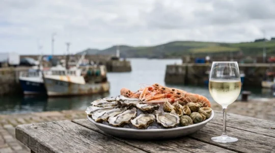 Plateau de fruits de mer face a la rade de Brest avec un verre de vin blanc evoquant les notes iodees