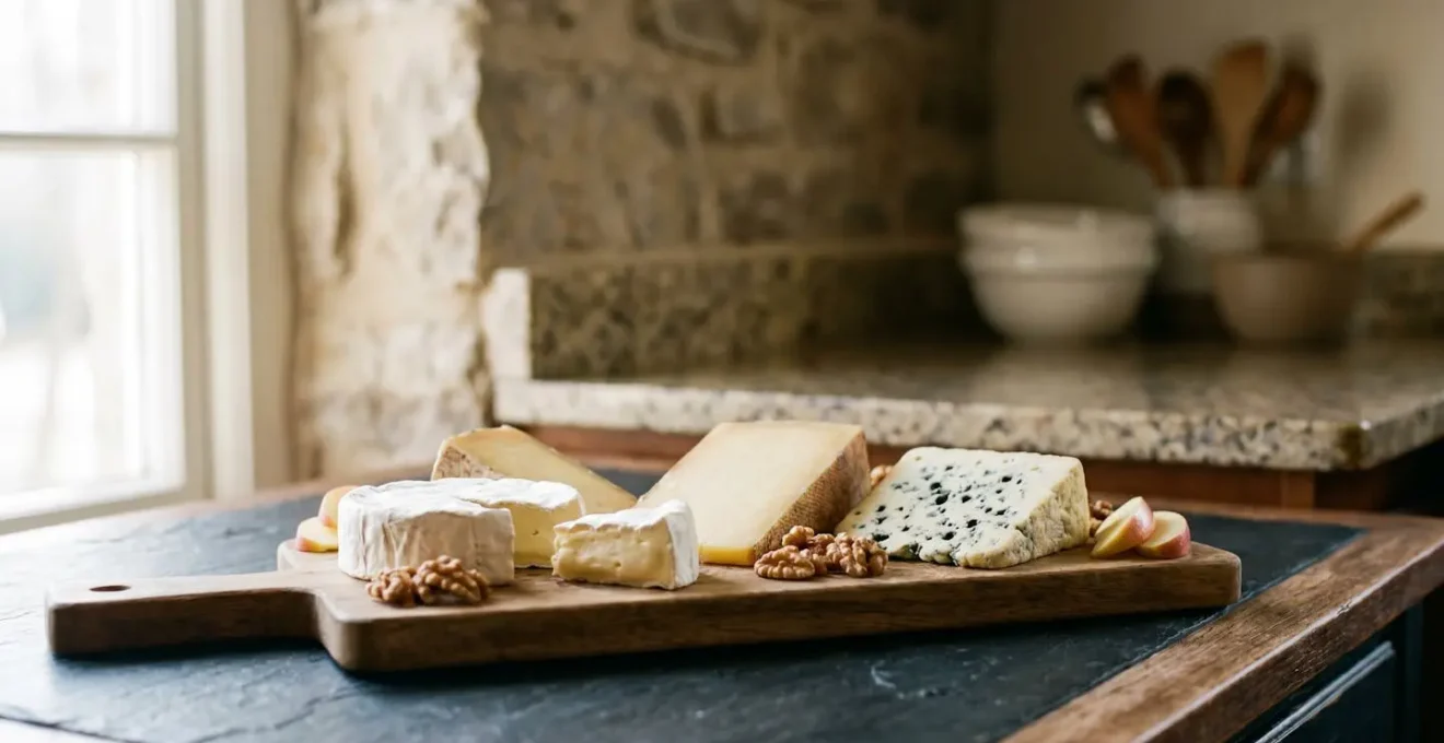 Plateau de fromages régionaux dressé avec variété de pâtes, dans une ambiance chaleureuse évoquant la Bretagne