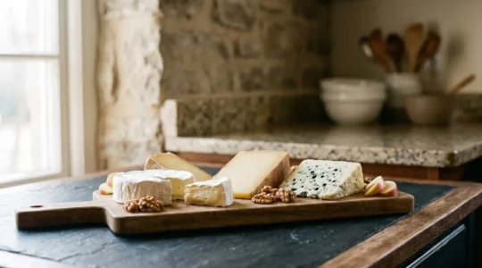 Plateau de fromages régionaux dressé avec variété de pâtes, dans une ambiance chaleureuse évoquant la Bretagne