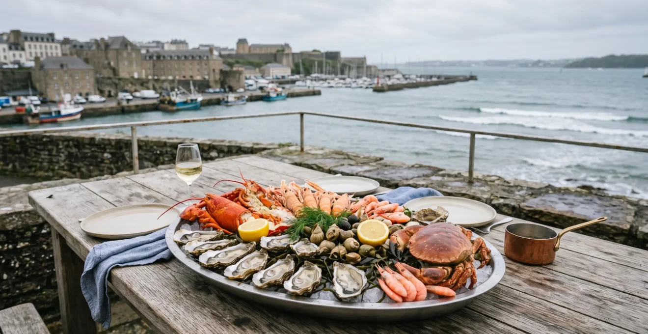 Plateau de fruits de mer abondant avec homard langoustines huitres sur lit de glace dans ambiance brestoise