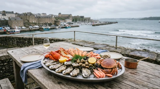 Plateau de fruits de mer abondant avec homard langoustines huitres sur lit de glace dans ambiance brestoise
