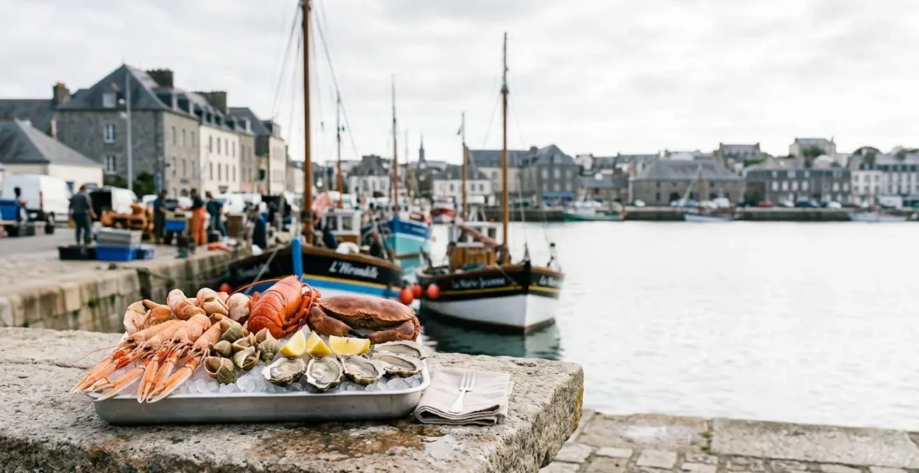 Plateau de fruits de mer généreux dressé pour quatre personnes avec vue sur le port de Brest