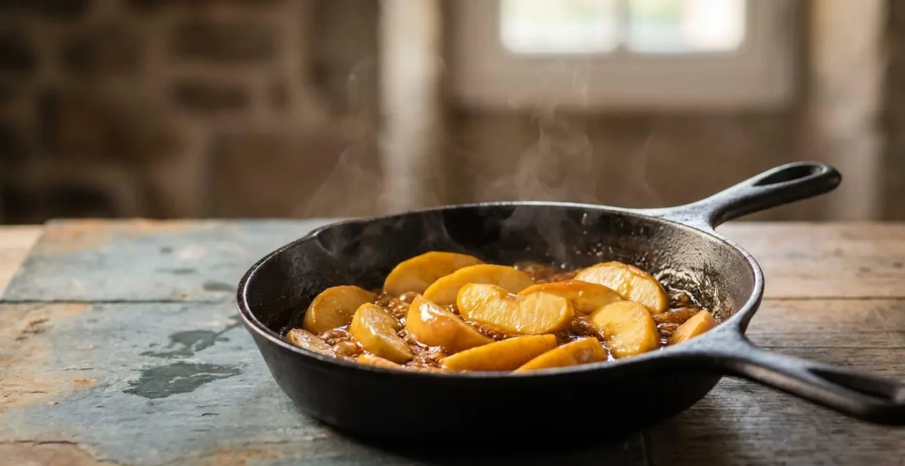 Quartiers de pommes en cours de caramélisation dorée dans une poêle, ambiance cuisine bretonne artisanale