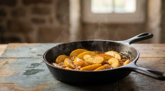 Quartiers de pommes en cours de caramélisation dorée dans une poêle, ambiance cuisine bretonne artisanale