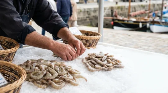 Étal de poissonnerie à Brest avec des crevettes translucides fraîches et des crevettes plus opaques côte à côte sur un lit de glace