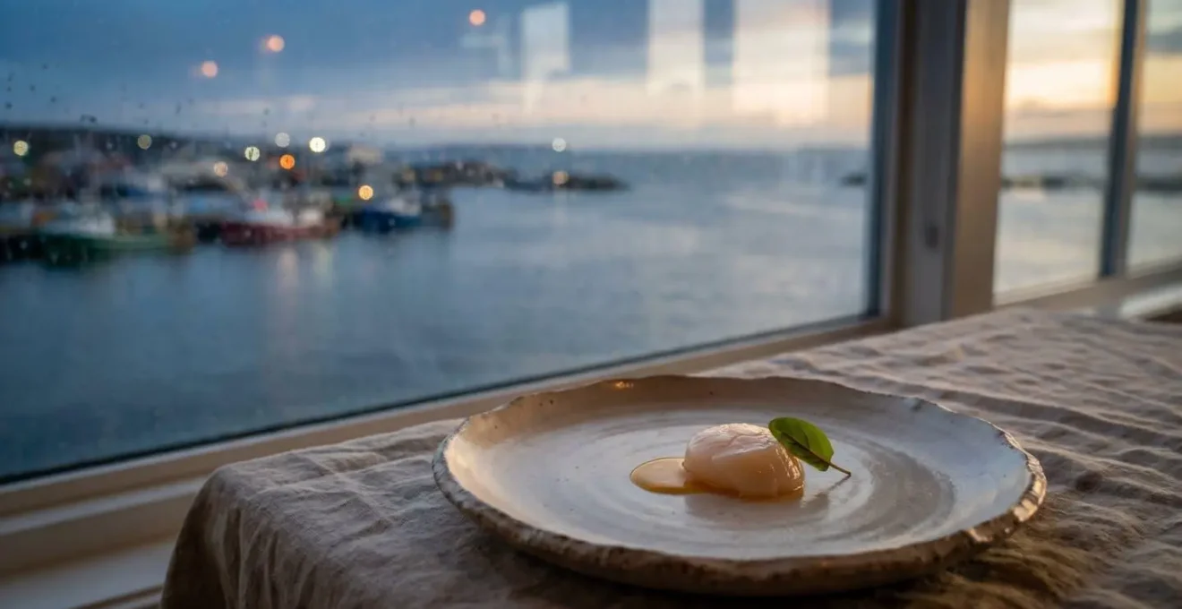 Une assiette de haute gastronomie bretonne dressée avec sobriété sur une table face à la rade de Brest, symbolisant la différence entre créativité authentique et artifice.