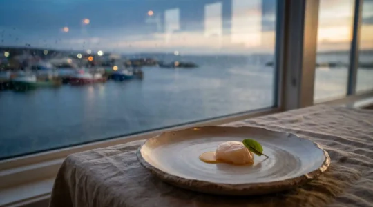 Une assiette de haute gastronomie bretonne dressée avec sobriété sur une table face à la rade de Brest, symbolisant la différence entre créativité authentique et artifice.