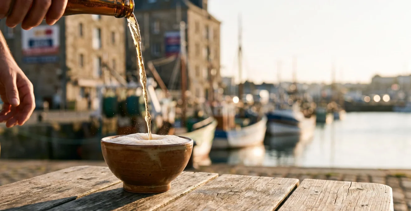 Verre de cidre breton servi dans une bolée traditionnelle sur une table en bois face au port de Brest