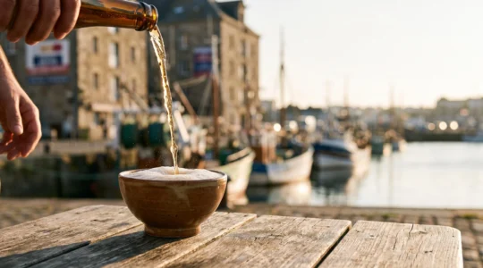 Verre de cidre breton servi dans une bolée traditionnelle sur une table en bois face au port de Brest
