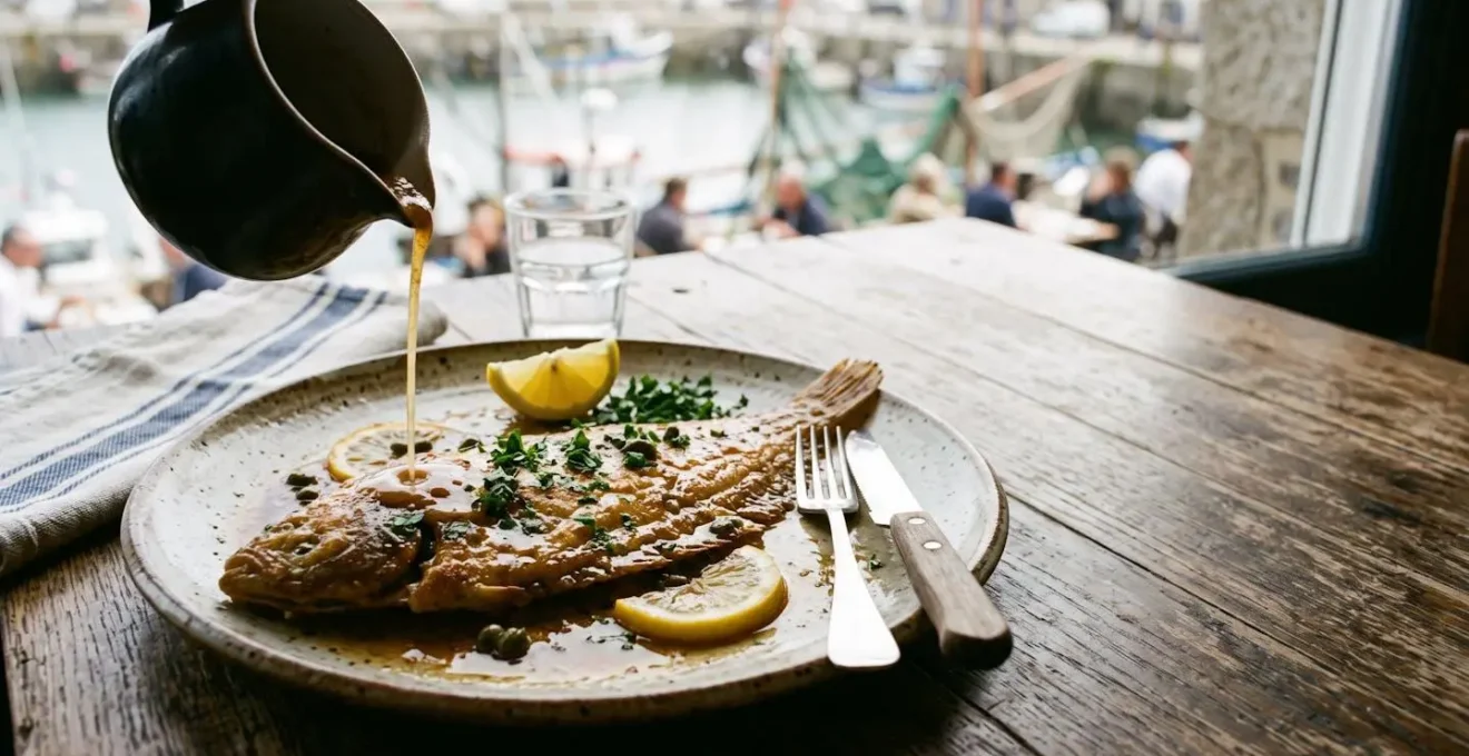 Photographie éditoriale d'une sole meunière dorée nappée de beurre noisette, ambiance culinaire bretonne