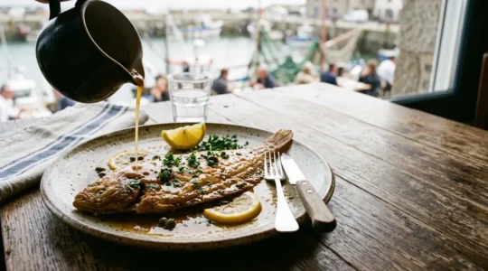 Photographie éditoriale d'une sole meunière dorée nappée de beurre noisette, ambiance culinaire bretonne