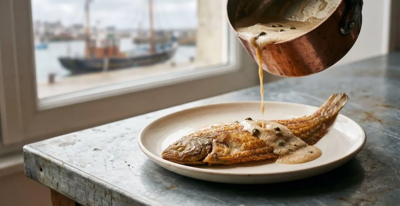 Sole meunière juste dressée sur une assiette chaude, nappée de beurre noisette, dans une cuisine de bistrot breton avec vue floutée sur le port de Brest
