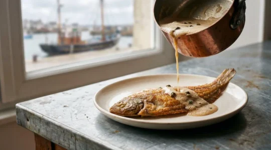 Sole meunière juste dressée sur une assiette chaude, nappée de beurre noisette, dans une cuisine de bistrot breton avec vue floutée sur le port de Brest