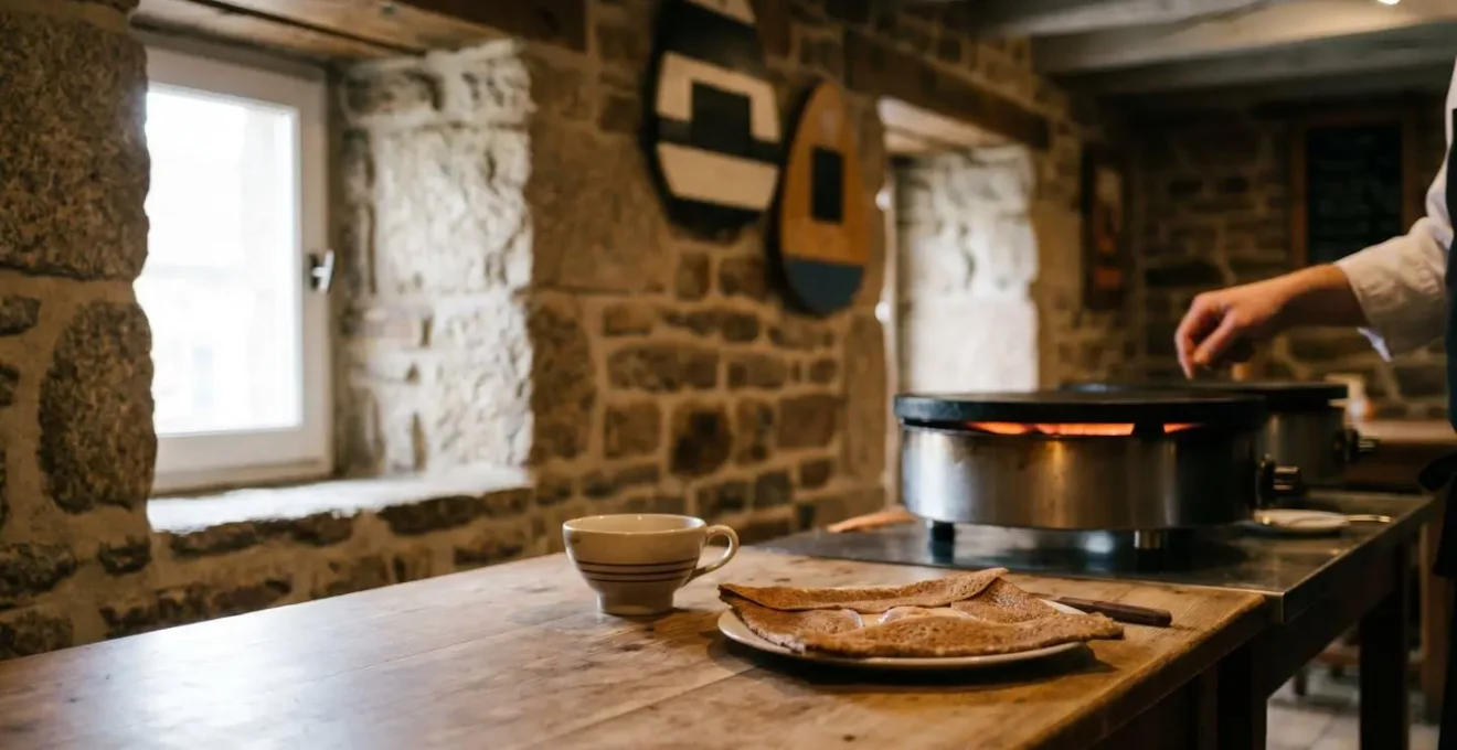 Table dressée dans une crêperie traditionnelle à Brest avec une galette complète et un verre de cidre, ambiance chaleureuse et authentique