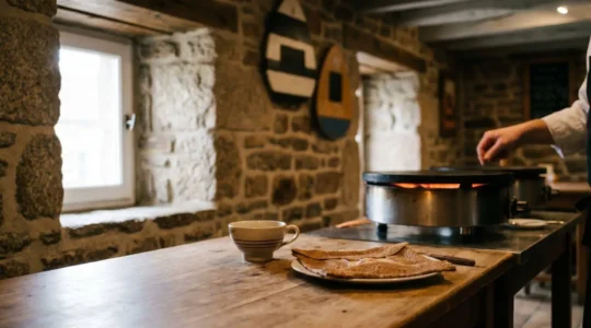 Table dressée dans une crêperie traditionnelle à Brest avec une galette complète et un verre de cidre, ambiance chaleureuse et authentique