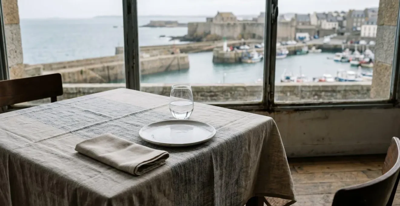 Table de restaurant gastronomique dressée avec une nappe en lin brut et une vue estompée du port de Brest en arrière-plan