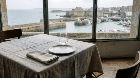 Table de restaurant gastronomique dressée avec une nappe en lin brut et une vue estompée du port de Brest en arrière-plan