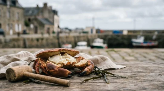 Tourteau entier fraîchement décortiqué sur une table en bois, avec ses pinces ouvertes et sa chair blanche mise en valeur, dans une ambiance portuaire bretonne