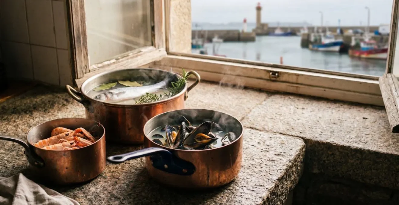 Trois casseroles de court-bouillon frémissant avec moules, langoustines et poisson entier, dans une cuisine au style breton baignée de lumière naturelle